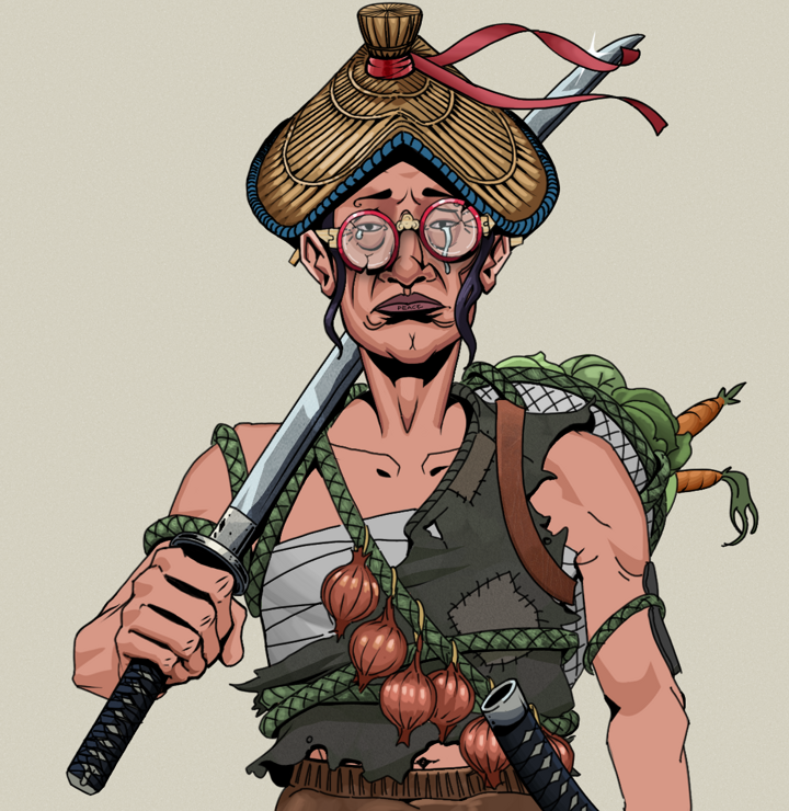 Teary Goro — Degen Dojo NFT art (Shirtless Runt, Warm Grey, Degens, Farmer, Teary Goro, Broken Glasses, High Straw Rice Hat, Katana, Mint)