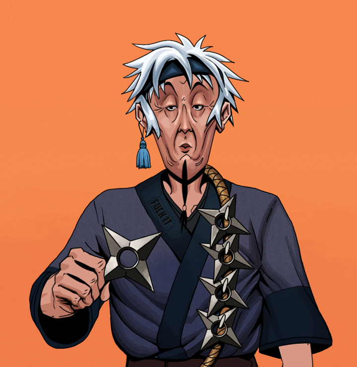 Edmundo — Degen Dojo NFT art (Tassel, Orange Afternoon, Degens, Fuck You Kimono, Edmundo, Shirtless Runt, White Ruffian, Shuriken Belt, Mint)