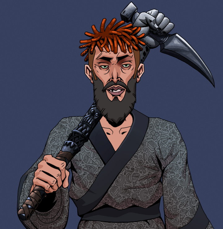 Serious Oleg — Degen Dojo NFT art (Shirtless Runt, Blue Evening, Degens, Sushi Love Loose Kimono, Serious Oleg, Orange Bantu Knots, Stone Fist-Sickle, Mint)