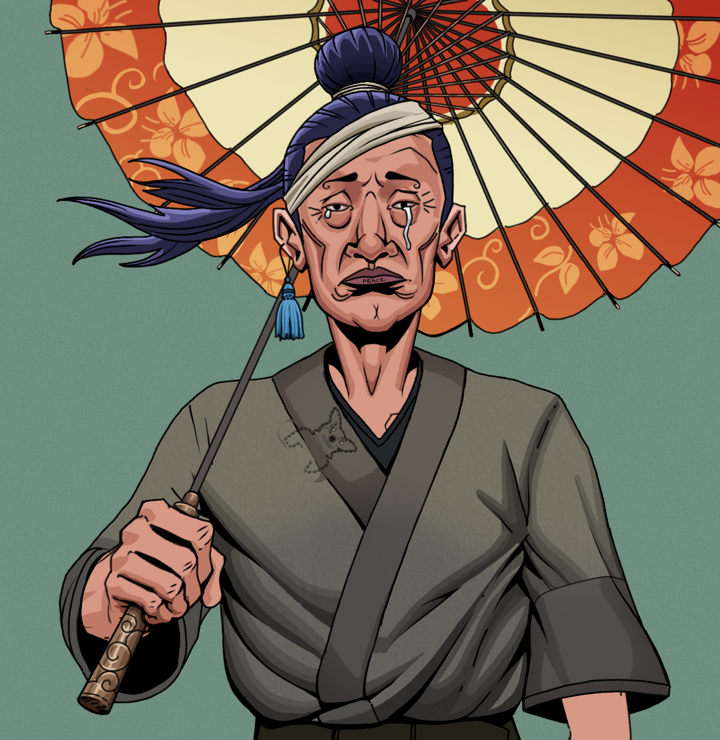 Teary Goro — Degen Dojo NFT art (Tassel, Olive Green, Degens, Puppy Kimono, Teary Goro, Shirtless Runt, Long Flowing, Floral Parasol, Mint)