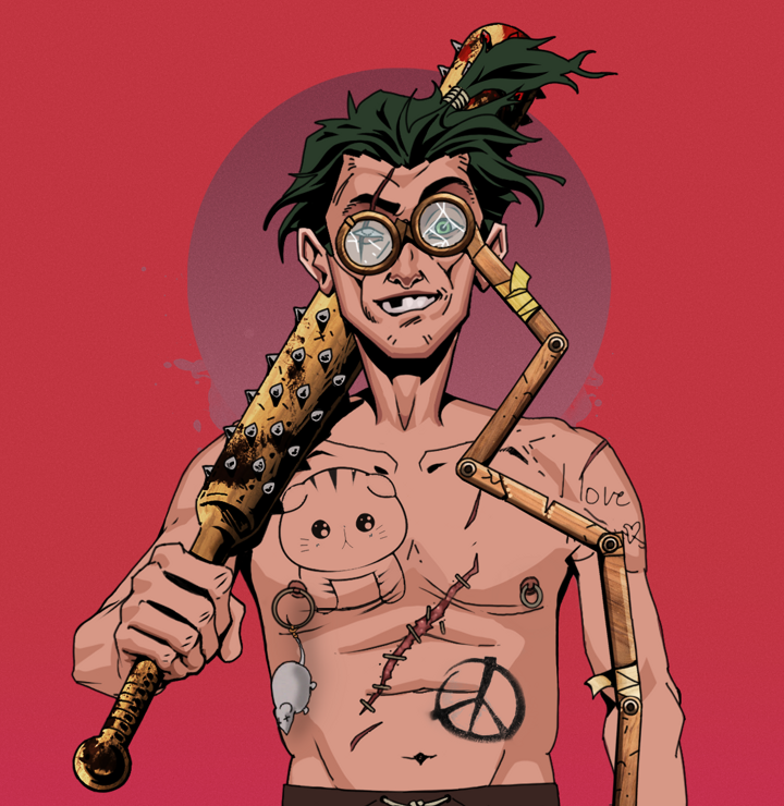 One-Eyed Itsuki — Degen Dojo NFT art (Shirtless Runt, Red High Moon, Degens, Recovering Alcoholic, One-Eyed Itsuki, Telescopic Glasses, Messy Ponytail, Yakuza Club, Mint)