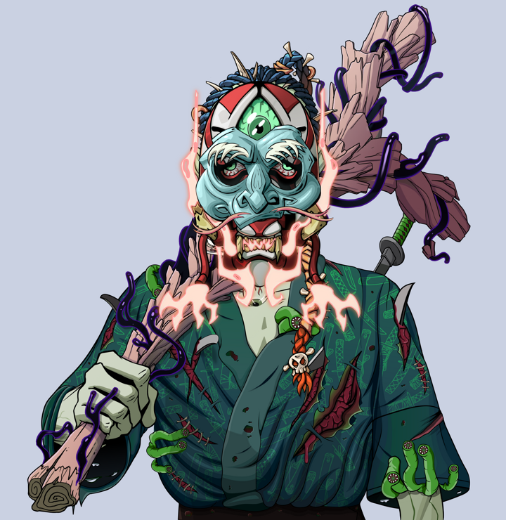 Fatty Bobsticks — Degen Dojo NFT art (Shirtless Runt, Blue Evening, Demons, Katanajamas Kimono, Fatty Bobsticks, Kitsune Mask, Braided Samurai Ponytail, Large Branch, Mint)