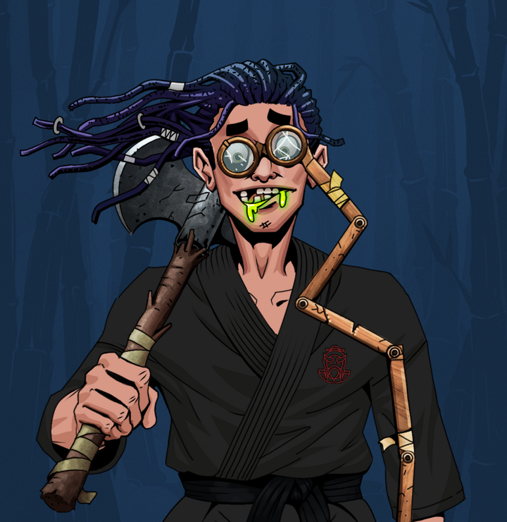 Toxic Azuma — Degen Dojo NFT art (Shirtless Runt, Night Forest, Degens, Master Black Gi, Toxic Azuma, Telescopic Glasses, Flowing Dreads, Axe, Mint)