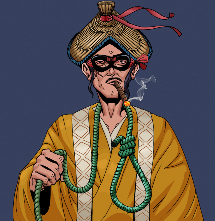 Raikou The Stoner — Degen Dojo NFT art (Shirtless Runt, Blue Evening, Degens, Ordained Dejen, Raikou The Stoner, Degen Superhero, High Straw Rice Hat, Noose, Mint)
