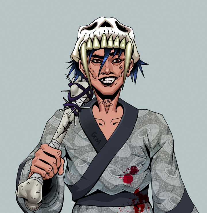 Junichiro — Degen Dojo NFT art (Shirtless Runt, Light Grey, Degens, Loose Parasol Kimono, Junichiro, Sabertooth Skull, Spiky Femur, Mint)