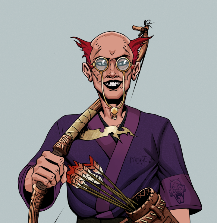 Junichiro Reborn — Degen Dojo NFT art (Shirtless Runt, Light Grey, Degens, Money Kimono, Junichiro Reborn, Pompous Glasses, Red Heihachi, Runed Yumi, Mint)