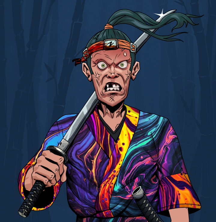 Angry Ikari — Degen Dojo NFT art (Shirtless Runt, Night Forest, Degens, Rainbow Kimono, Angry Ikari, Green Bandana, Katana, Mint)