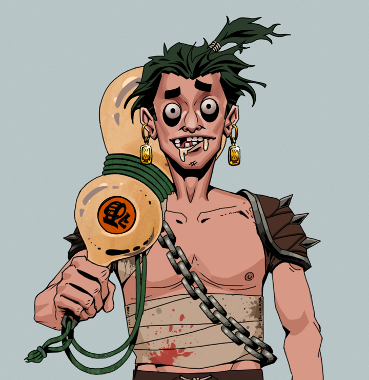Drooling Azuma — Degen Dojo NFT art (Gold Earrings, Light Grey, Degens, Mercenary, Drooling Azuma, Shirtless Runt, Messy Ponytail, Giant Sake Bottle, Mint)