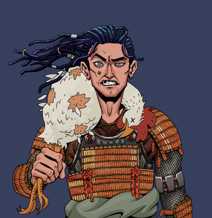 Akuma — Degen Dojo NFT art (Shirtless Runt, Blue Evening, Degens, Tatami Tosei Gusoku, Akuma, Flowing Dreads, Chicken, Mint)