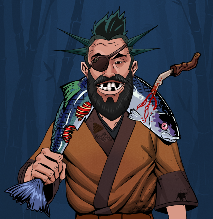 Igor The Veteran — Degen Dojo NFT art (Shirtless Runt, Night Forest, Degens, Poop Pride Kimono, Igor The Veteran, Yakuza Ruffian, Dead Fish, Mint)