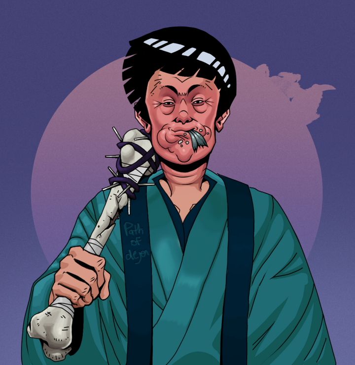 Fatty Bobsticks — Degen Dojo NFT art (Shirtless Runt, Purple Night, Degens, Dejen Apostate, Fatty Bobsticks, Rock Lee, Spiky Femur, Mint)