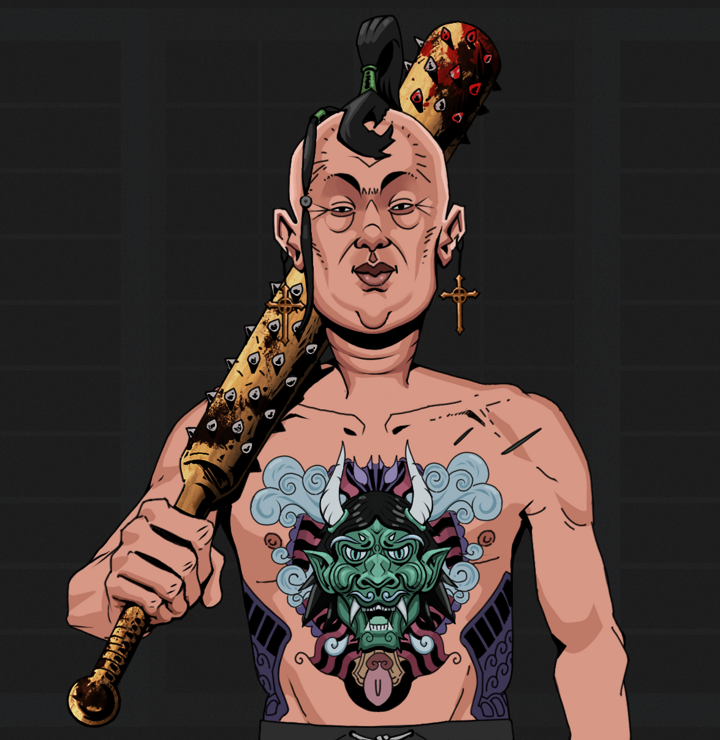 Fat Bob — Degen Dojo NFT art (Jesuit Crosses, Shoji Night, Degens, Blue Oni Tattoo, Fat Bob, Shirtless Runt, Dejen Samurai, Yakuza Club, Mint)