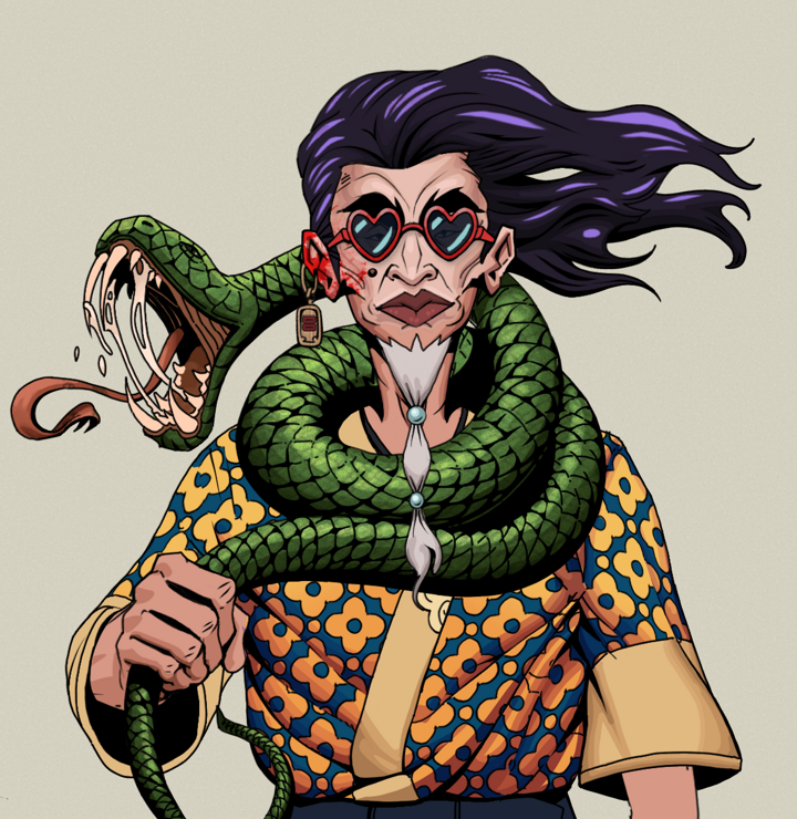 Yuji The Wise — Degen Dojo NFT art (Dojo Paper Earring, Warm Grey, Degens, Yellow Flowers Silk Kimono, Yuji The Wise, Loveheart Shades, Flowing Battousai, Enchanted Snake, Mint)