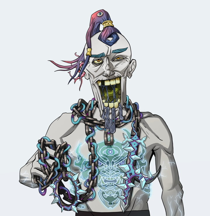 Yuuki — Degen Dojo NFT art (Tassel, Light Grey, Demons, Blue Oni Tattoo, Yuuki, Shirtless Runt, Dejen Samurai, Heavy Kyoketsu, Mint)