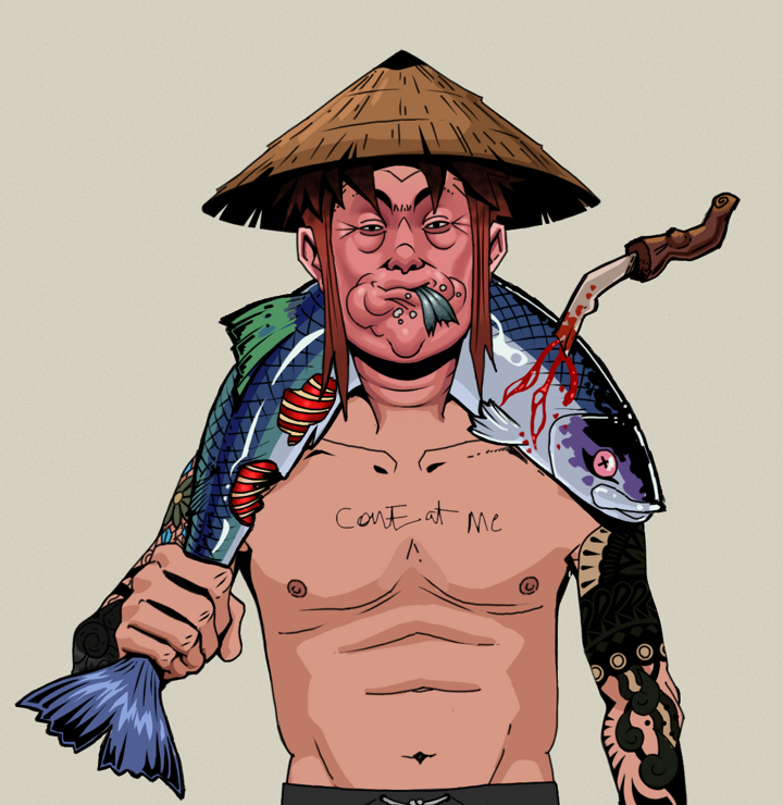 Fatty Bobsticks — Degen Dojo NFT art (Shirtless Runt, Warm Grey, Degens, Black Yakuza Sleeves, Fatty Bobsticks, Rice Hat, Dead Fish, Mint)