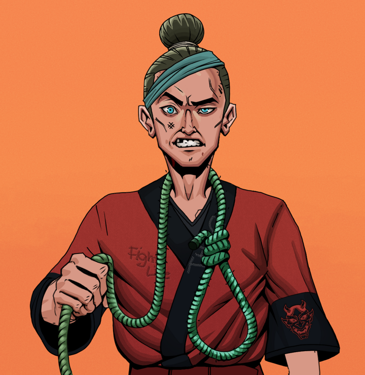 Akuma — Degen Dojo NFT art (Shirtless Runt, Orange Afternoon, Degens, Red Oni Kimono, Akuma, Hair Bun, Noose, Mint)