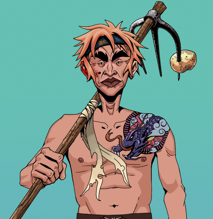 Young Yuji — Degen Dojo NFT art (Shirtless Runt, Teal Daytime, Degens, Dragon Head Tattoo, Young Yuji, Tiger Headband Ruffian, Farmers Hoe, Mint)