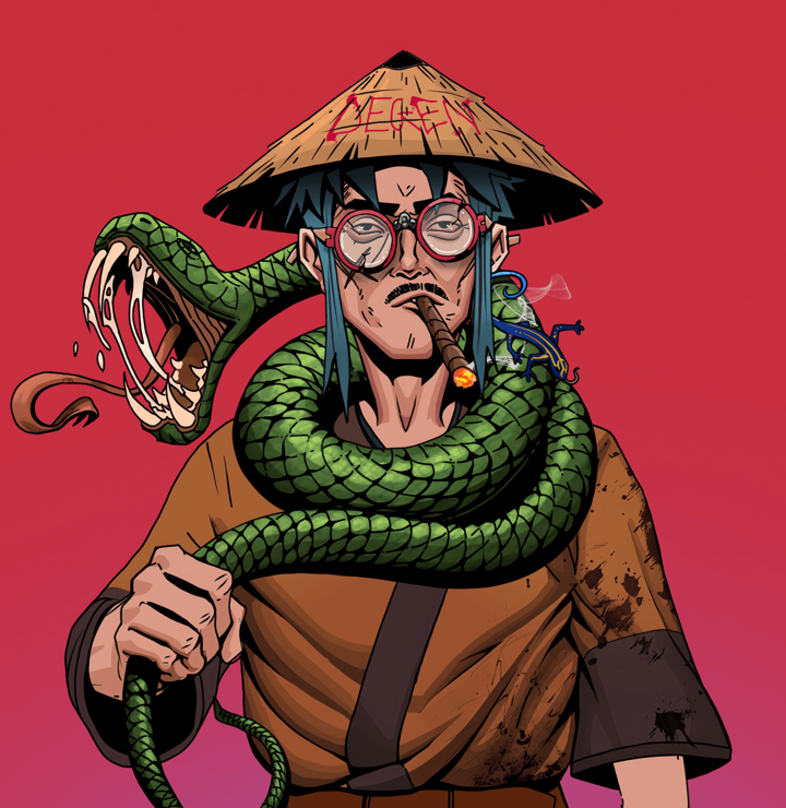 Raikou The Stoner — Degen Dojo NFT art (Drunk Lizard, Rising Sun, Degens, Muddy Kimono, Raikou The Stoner, Broken Glasses, Degen Graffiti Rice Hat, Enchanted Snake, Mint)