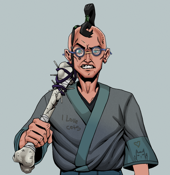 Akuma — Degen Dojo NFT art (Shirtless Runt, Light Grey, Degens, Cet Kimono, Akuma, Spectacles, Dejen Samurai, Spiky Femur, Mint)