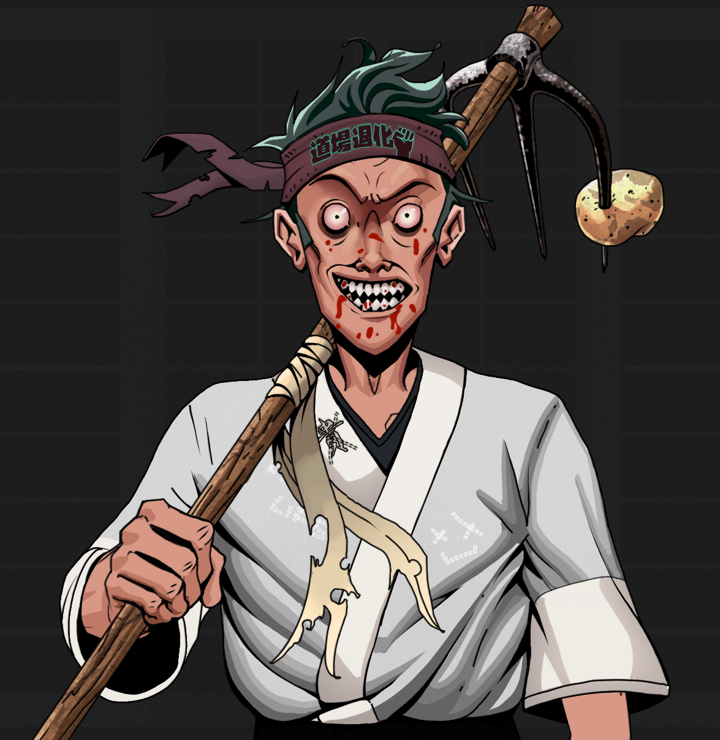 Assassin Fuzen — Degen Dojo NFT art (Shirtless Runt, Shoji Night, Degens, No Honor Kimono, Assassin Fuzen, Degen Dojo Headband, Farmers Hoe, Mint)