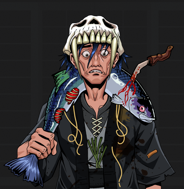 Shitless Botan — Degen Dojo NFT art (Shirtless Runt, Shoji Night, Degens, Glutton Fight, Shitless Botan, Sabertooth Skull, Dead Fish, Mint)