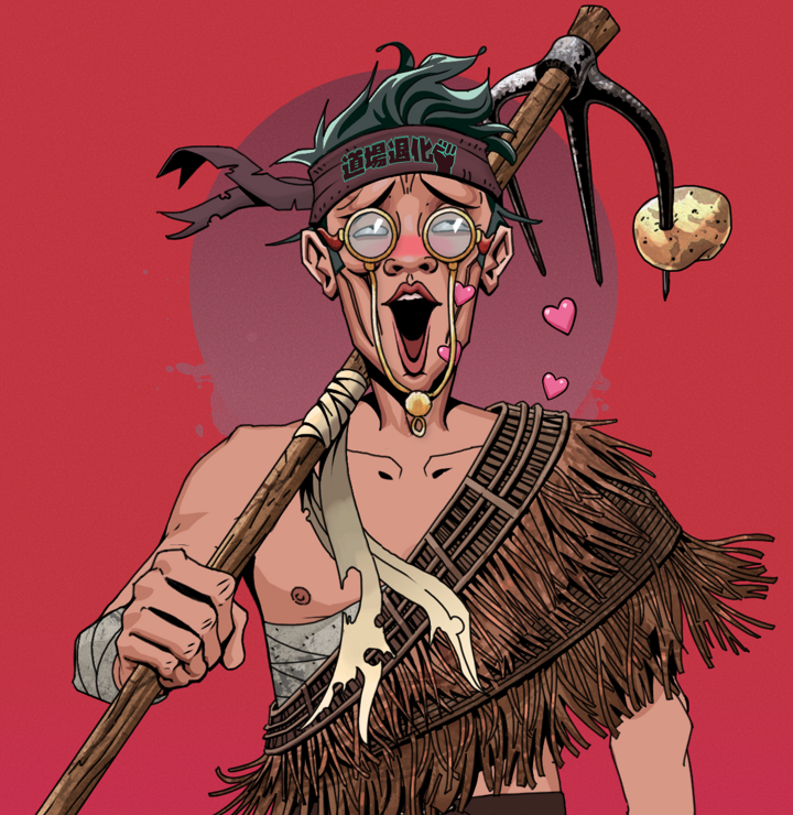 Lovey Haruto — Degen Dojo NFT art (Shirtless Runt, Red High Moon, Degens, Dried Straw, Lovey Haruto, Pompous Glasses, Degen Dojo Headband, Farmers Hoe, Mint)