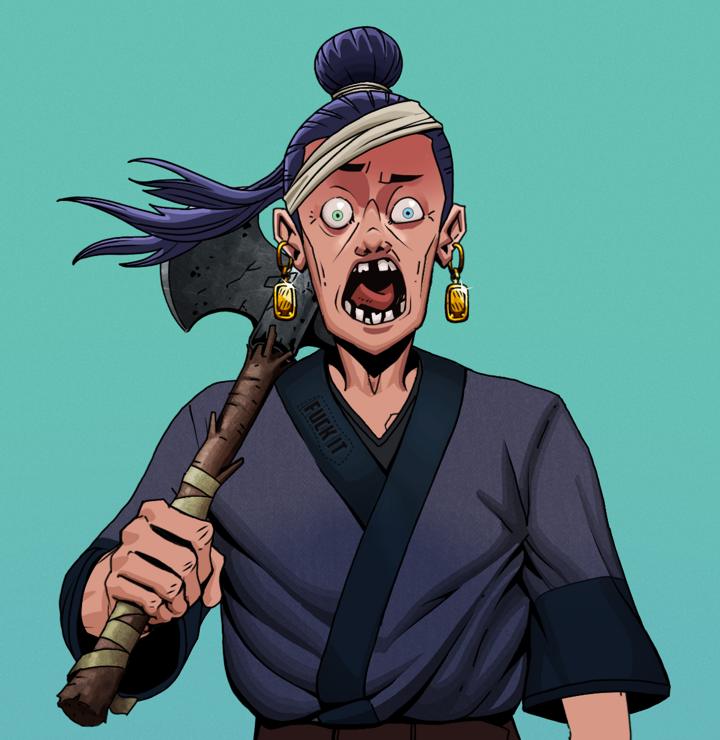 Tokuda — Degen Dojo NFT art (Gold Earrings, Teal Daytime, Degens, Fuck You Kimono, Tokuda, Shirtless Runt, Long Flowing, Axe, Mint)