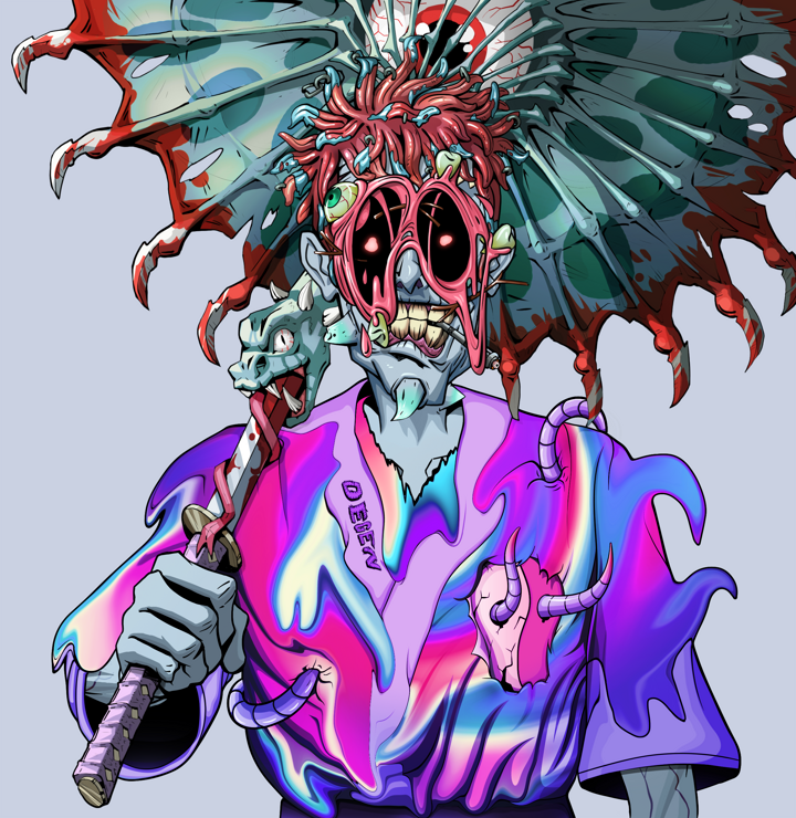 One-Eyed Itsuki — Degen Dojo NFT art (Shirtless Runt, Blue Evening, Demons, Rainbow Kimono, One-Eyed Itsuki, Pocket Glasses, Orange Bantu Knots, Floral Parasol, Mint)