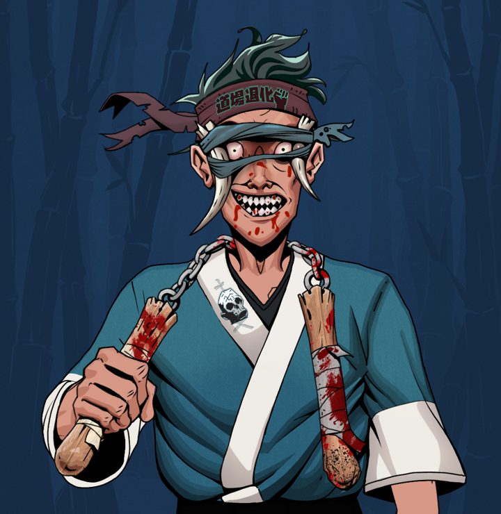 Assassin Fuzen — Degen Dojo NFT art (Shirtless Runt, Night Forest, Degens, Skull Kimono, Assassin Fuzen, Tied Horns, Degen Dojo Headband, Bloody Nunchucks, Mint)