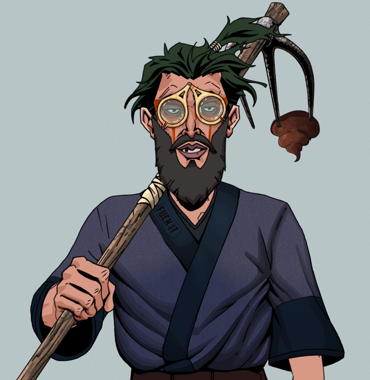 Oleg Of War — Degen Dojo NFT art (Shirtless Runt, Light Grey, Degens, Fuck You Kimono, Oleg Of War, Pocket Glasses, Messy Ponytail, Poop Cleaner Hoe, Mint)