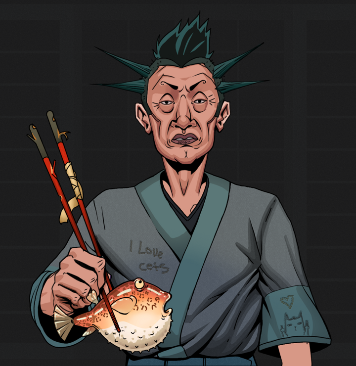 Goro — Degen Dojo NFT art (Shirtless Runt, Shoji Night, Degens, Cet Kimono, Goro, Yakuza Ruffian, Frightened Fugu, Mint)