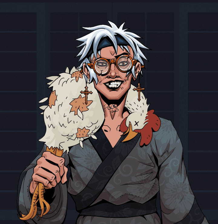 Junichiro — Degen Dojo NFT art (Jesuit Crosses, Shoji Night, Degens, Loose Flower Kimono, Junichiro, Broken Glasses, White Ruffian, Chicken, Mint)