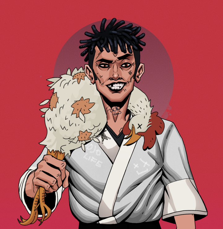 Junichiro — Degen Dojo NFT art (Shirtless Runt, Red High Moon, Degens, No Honor Kimono, Junichiro, Black Bantu Knots, Chicken, Mint)