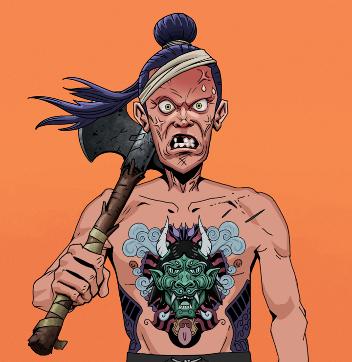 Angry Ikari — Degen Dojo NFT art (Shirtless Runt, Orange Afternoon, Degens, Blue Oni Tattoo, Angry Ikari, Long Flowing, Axe, Mint)