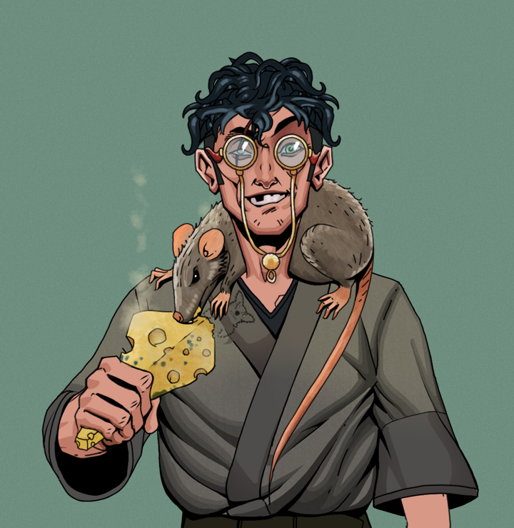 One-Eyed Itsuki — Degen Dojo NFT art (Shirtless Runt, Olive Green, Degens, Puppy Kimono, One-Eyed Itsuki, Pompous Glasses, Messy, Mr. Rumi The Rat, Mint)