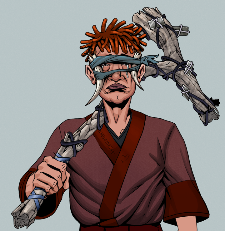Teary Goro — Degen Dojo NFT art (Shirtless Runt, Light Grey, Degens, Proud Dejen Kimono, Teary Goro, Tied Horns, Orange Bantu Knots, Large Branch, Mint)