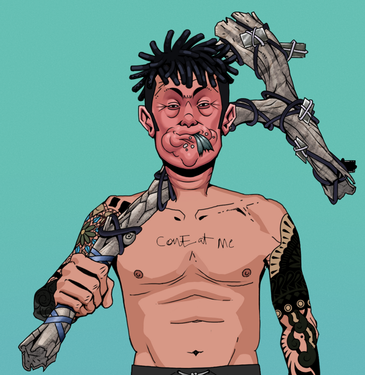 Fatty Bobsticks — Degen Dojo NFT art (Shirtless Runt, Teal Daytime, Degens, Black Yakuza Sleeves, Fatty Bobsticks, Black Bantu Knots, Large Branch, Mint)