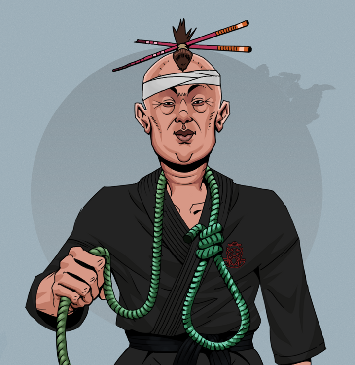 Fat Bob — Degen Dojo NFT art (Shirtless Runt, Grey Mist, Degens, Master Black Gi, Fat Bob, Hair Bun With Chopsticks, Noose, Mint)