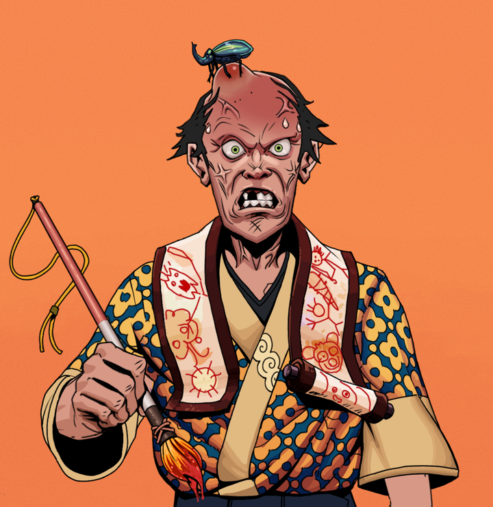 Angry Ikari — Degen Dojo NFT art (Shirtless Runt, Orange Afternoon, Degens, Yellow Flowers Silk Kimono, Angry Ikari, Kung Fu Beetle, Paintbrush, Mint)