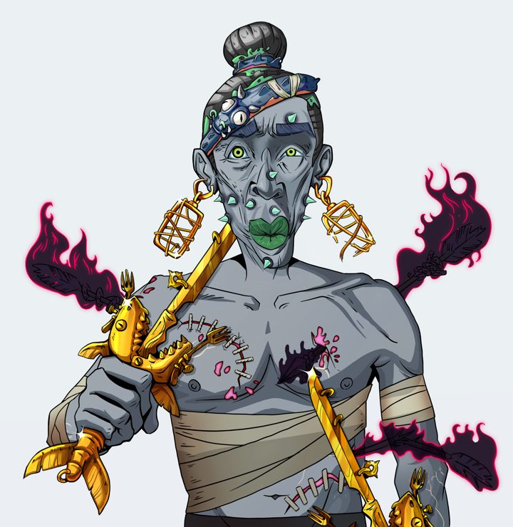 Gloomy Masumi — Degen Dojo NFT art (Gold Earrings, Light Grey, Demons, Bloody Mess, Gloomy Masumi, Shirtless Runt, Hair Bun, Golden Sai, Mint)