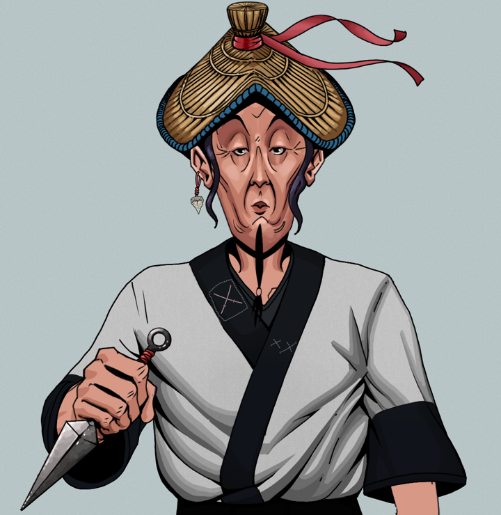 Edmundo — Degen Dojo NFT art (Shark Tooth, Light Grey, Degens, Katana Kimono, Edmundo, Shirtless Runt, High Straw Rice Hat, Kunai, Mint)