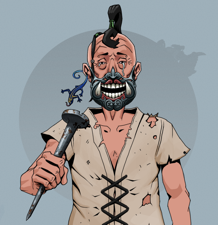 Teary Goro — Degen Dojo NFT art (Lizard, Grey Mist, Degens, Rice Sack Rags, Teary Goro, Hannya Half Mask, Dejen Samurai, Rusty Nail, Mint)
