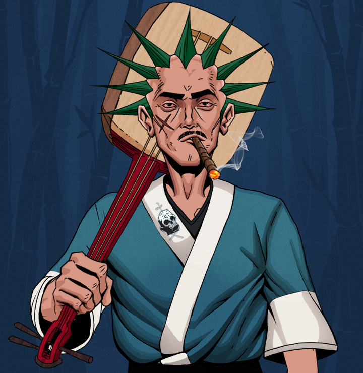 Raikou The Stoner — Degen Dojo NFT art (Shirtless Runt, Night Forest, Degens, Skull Kimono, Raikou The Stoner, Zapachi, Shamisen, Mint)