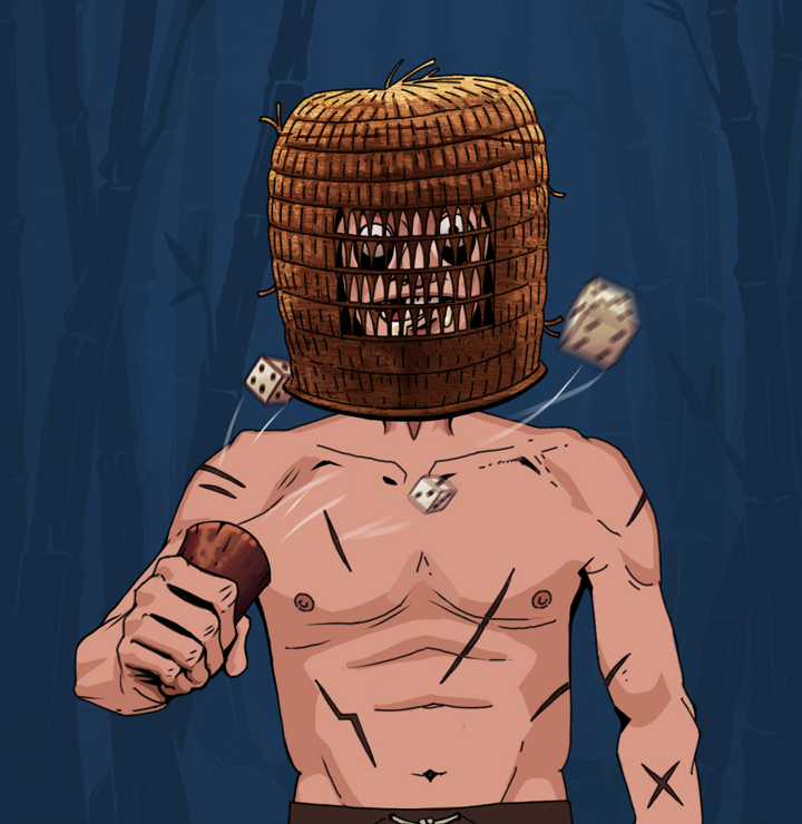 Drooling Azuma — Degen Dojo NFT art (Shirtless Runt, Night Forest, Degens, Battle Scars, Drooling Azuma, Tengai Basket, Chō-Han Gambling Dice, Mint)