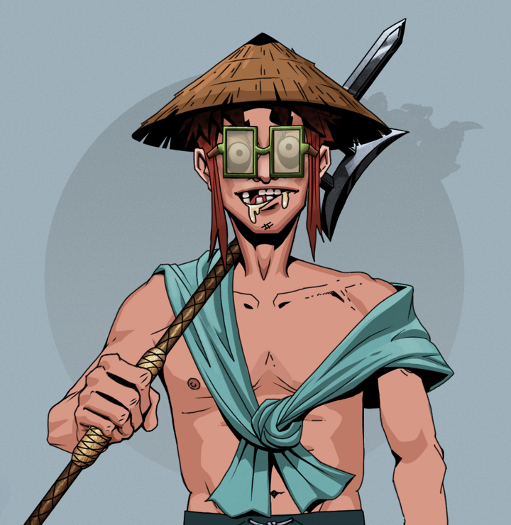 Drooling Azuma — Degen Dojo NFT art (Shirtless Runt, Grey Mist, Degens, Queeny Chic, Drooling Azuma, Shoji Glasses, Rice Hat, Bishamon Yari, Mint)