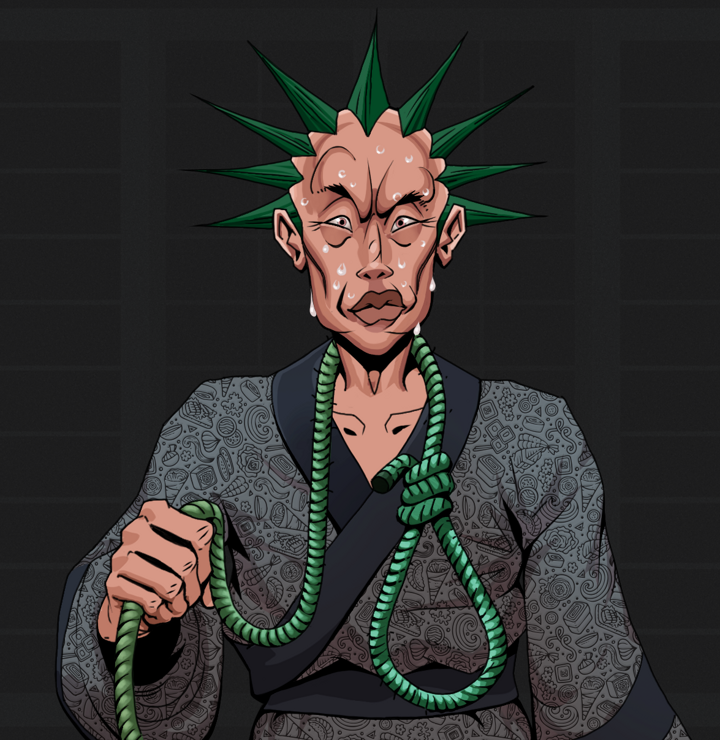 Stresshead Rin — Degen Dojo NFT art (Shirtless Runt, Shoji Night, Degens, Sushi Love Loose Kimono, Stresshead Rin, Zapachi, Noose, Mint)