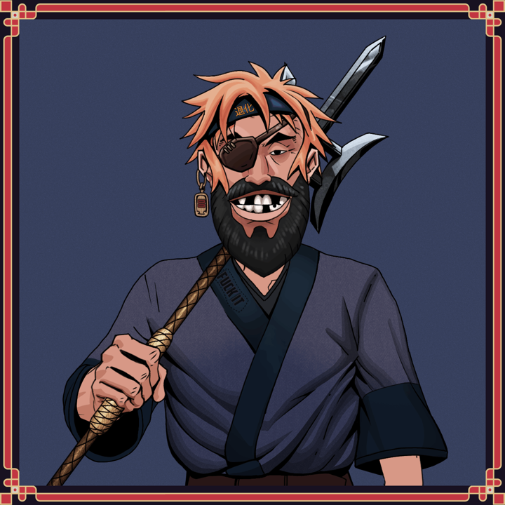 Igor The Veteran — Degen Dojo NFT art (Dojo Paper Earring, Blue Evening, Igor The Veteran, Fuck You Kimono, Degen, Shirtless Runt, Tiger Headband Ruffian, Malicious Shadow Crush, Bishamon Yari, Framed)
