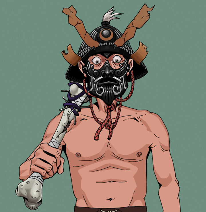 Shitless Botan — Degen Dojo NFT art (Shirtless Runt, Olive Green, Degens, Shitless Botan, Black Iron Kabuto, Spiky Femur, Mint)