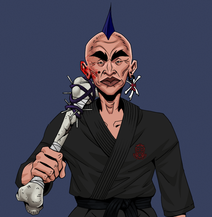 Young Yuji — Degen Dojo NFT art (Finger Bones, Blue Evening, Degens, Master Black Gi, Young Yuji, Shirtless Runt, Mohawk Spike, Spiky Femur, Mint)