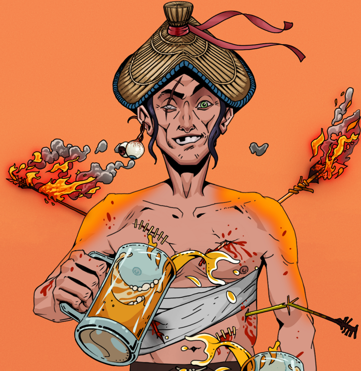One-Eyed Itsuki — Degen Dojo NFT art (Shaman Eyes, Orange Afternoon, Degens, Bloody Mess, One-Eyed Itsuki, Shirtless Runt, High Straw Rice Hat, Beer Splash, Mint)
